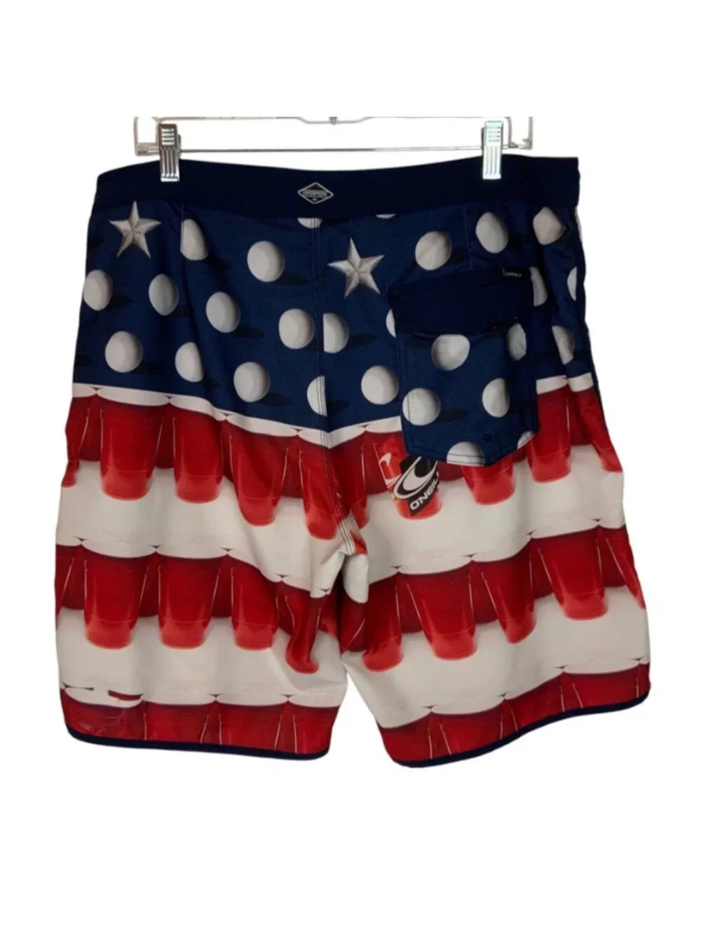 ONeill Mens Hyperfreak Boardshorts Size 36 Red White Blue Beer Pong Cup Design